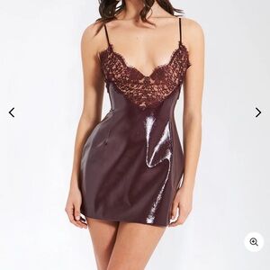 Miss circle Shelby Dark Brown Vegan Leather with Lace Mini Dress